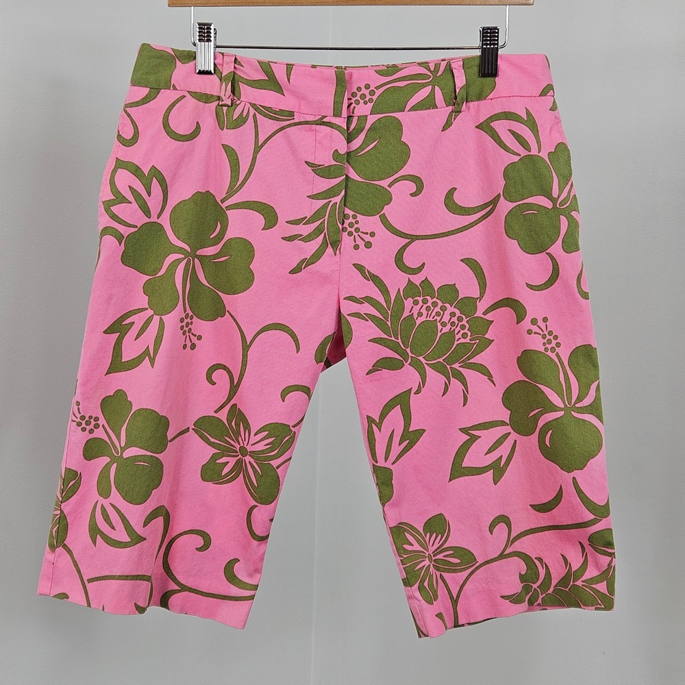 Trina Turk Bermuda Shorts Womens 12 Pink Green Floral Hibiscus Tropical FLAWS